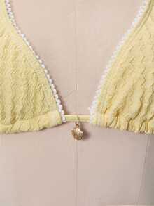 Bellisia Swim Vcay 2pcs Women Sexy Lace Trim Jacquard Triangle Bikini Set, Simple Strap Tie Up Halter Yellow Bikini Set With Gold Shell Decor