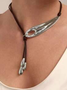 1 件水滴流苏皮革羽毛几何简约金属金色项链，适合女士，适合宴会、派对、正式场合、日常服装配饰