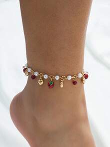 1pc Asymmetrical Shell Anklet Jewelry, Vibrant Red Cherry & Apple Charm Anklet, Versatile Bracelet & Anklet Designs For Daily Wear - Red - View 7