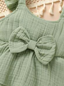 2 件套优雅可爱女婴连体衣，柔软透气舒适蝴蝶装饰，纯色荷叶边分层连体衣和太阳帽，适合休闲、日常、节日穿着 - 綠色 - 查看 8