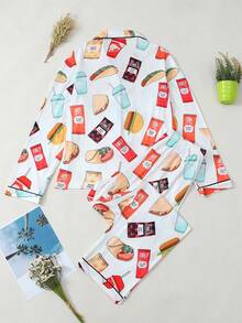 Women's Food-Themed Pajama Set, Base With Multicolor Snack Print, Long Sleeve Top & Pants, Casual Home Wear For Spring & Fall - 白色 - 查看 2
