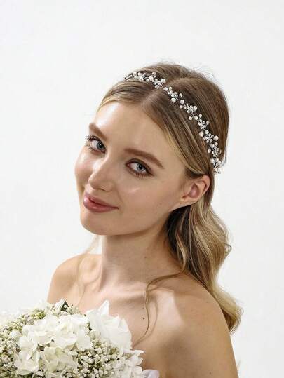 1件套精致新娘头饰，伴娘水晶珍珠发箍，适用于婚礼、生日派对、初领圣体、摄影、情人节等场合的配饰