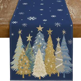 1 件蓝色圣诞树桌旗，圣诞树和雪花冬季节日厨房餐桌装饰，室内外派对装饰