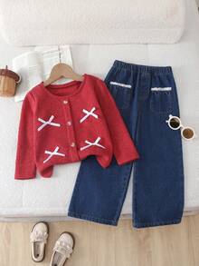 两件套女童休闲可爱蝴蝶结红色上衣搭配可爱蓝色水洗牛仔口袋长裤套装，秋冬新款 - 彩色 - 查看 1