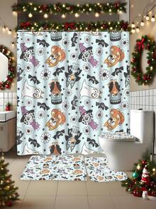 [Holiday Edition] 1/3/4pcs Bluey Family Cosplay Shower Curtain Set, Featuring Christmas Tree, Halloween Turkey Plaid Witch Hat, Bat Prints