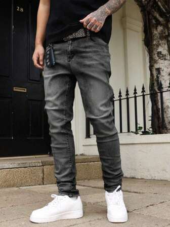 1pc Men's Grey Elastic Denim Jeans, Streetwear Casual Jogger Pants, Breathable Solid Color Slim Fit Jeans Suitable For City Walking, Parent-Child Outdoor Activities, All Seasons