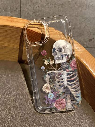 1pc Skull & Floral Pattern Airbag TPU Shockproof Phone Case Cover Compatible With IPhone 17 16 15 14 13 12 11 Pro Max, Series