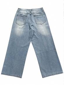 Calça Jeans Masculinos de Perna Reta Larga, Lavagem Desbotada Vintage Barra Desgastada Estilo de Rua Casual Perna Larga