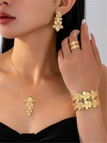 2pcs/5pcs Set Floral Necklace, Earrings, Bracelet, Ring Metal 5-Petal Flower Jewelry Set For Women, Graceful & Sweet