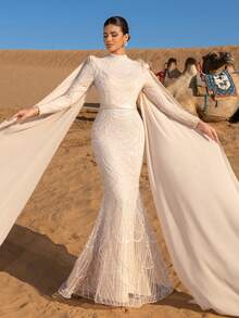 Faeriesty Langärmeliges Abendkleid mit Stehkragen, fließendem Cape und Fischschwanzsaum - geeignet für Galas, rote Teppiche, Hochzeiten, formelle Abendessen und andere formelle Anlässe - Champagnerfarben - Übersicht 6