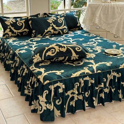3pcs Bedskirt Set (1 Bedskirt + 2 Pillowcases), Floral Pattern, Soft & Skin-Friendly, Suitable For Bedroom, All Season