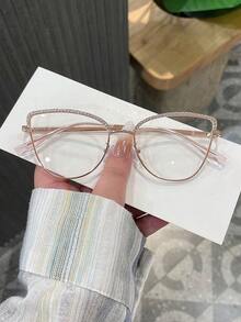 1副女士多色猫眼金属框水钻复古简约春季休闲日常时尚无度数眼镜 - 彩色 - 查看 3