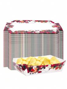 10pcs/20pcs/50pcs Christmas Paper Food Trays, Christmas Party Supplies, Red Plaid Santa Claus Reindeer Merry Christmas Snack Serving Trays, Boat-Shaped Trays, Christmas Food Boats, Popcorn Bowl Holders, Winter Holiday Christmas Decor - Multicolor - View 6