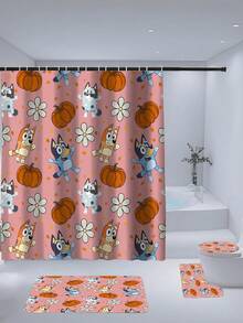 [Holiday Edition] 1/3/4pcs Bluey Family Cosplay Shower Curtain Set, Featuring Christmas Tree, Halloween Turkey Plaid Witch Hat, Bat Prints