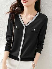 Contrast Trim V-Neck Knit Sweater For Women, New Autumn/Winter Long Sleeve Pullover Soft Fitted Top, Commuter Style