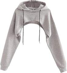 Women Crop Top Pullover Sweatshirt Long Sleeve Drawstring Hoodie - Gray - 查看 1