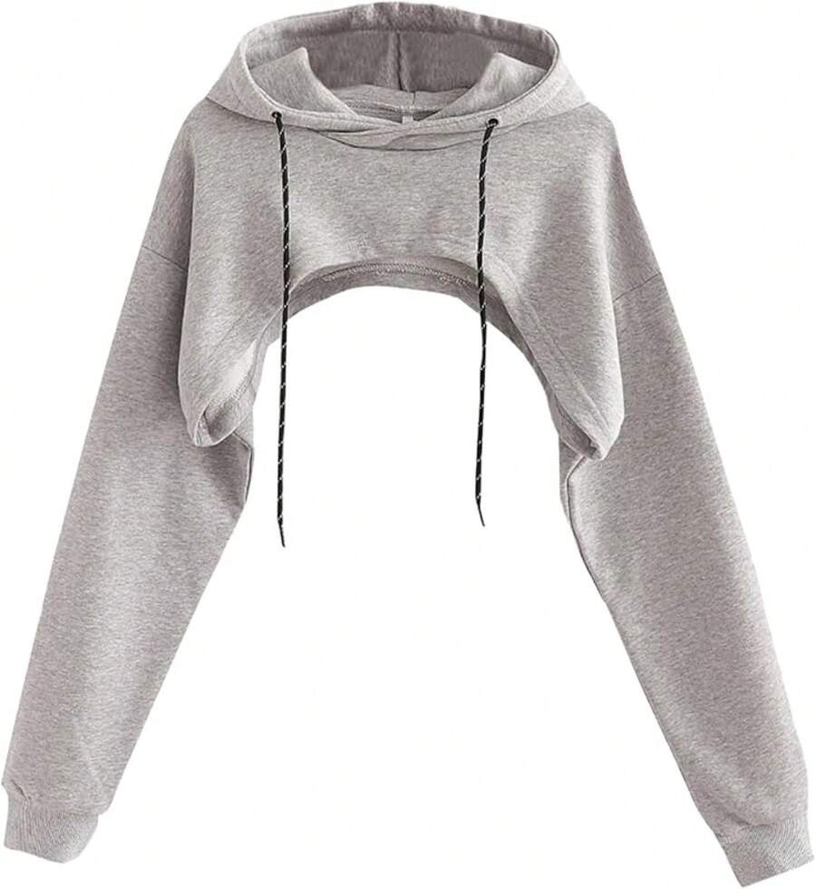 Women Crop Top Pullover Sweatshirt Long Sleeve Drawstring Hoodie - Gray - 查看 1