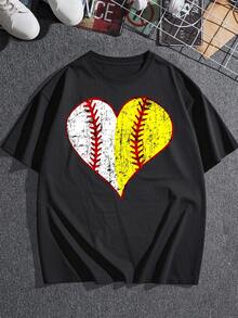 Camiseta de mujer con gráfico de corazón de béisbol y sóftbol, diseño desgastado, camiseta para entusiastas del deporte, top informal de algodón, regalo único para ella, camisa cómoda y elegante para todos los días (149) de gran tamaño - Negro - Ver 3