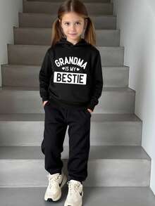 Bộ 2 áo nỉ có mũ và quần nỉ in khẩu hiệu cho bé gái - màu đen - Xem 1