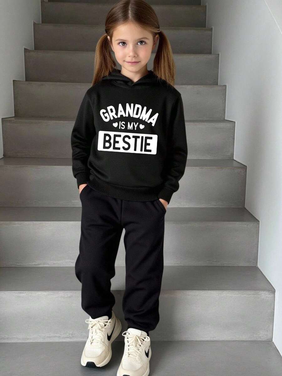 Bộ 2 áo nỉ có mũ và quần nỉ in khẩu hiệu cho bé gái - màu đen - Xem 1