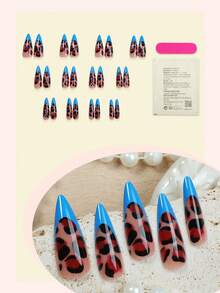 24片法式美甲贴纸，长尖头指甲贴纸，豹纹装饰，简约设计，哥特风格，光滑表面，全覆盖，万圣节假指甲，适合女性和女孩的美甲用品 - 彩色 - 查看 3