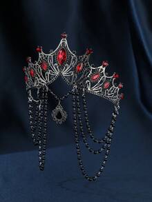 1pc Women's Baroque Tassel Crown, Elegant Faux Pearl Headpiece, Goddess Tiara, Black Vintage Costume Accessory Valentine's Day Accessories,Wedding Hair Accessories - Đỏ - Xem 4