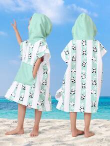 SHENG CHUN Original Design Cute Animal Striped Print Children's Hooded Robe, Suitable For Multi-Age, Absorbent, Large Pocket, Super Soft Fiber, Essential For Home, Beach, Swimming, Bathing, Spa, Can Dry Hair & Body, Non-Shedding, Reusable