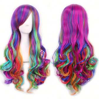 Women Rainbow Long Curly Wigs, Ladies Fashion Cosplay Costume Hair Anime Full Wavy Party Wig, Easy To Use Fine Workmanship