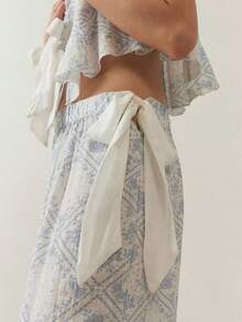 Women 2 Piece Tie Up Pajamas Lounge Set Y2k Floral Print Tie Front Fly Sleeves Shirt Tops And Wide-Leg Elastic Pants For Two Piece Loungewear Soft Sleepwear Outfits - 淺藍色 - 查看 7