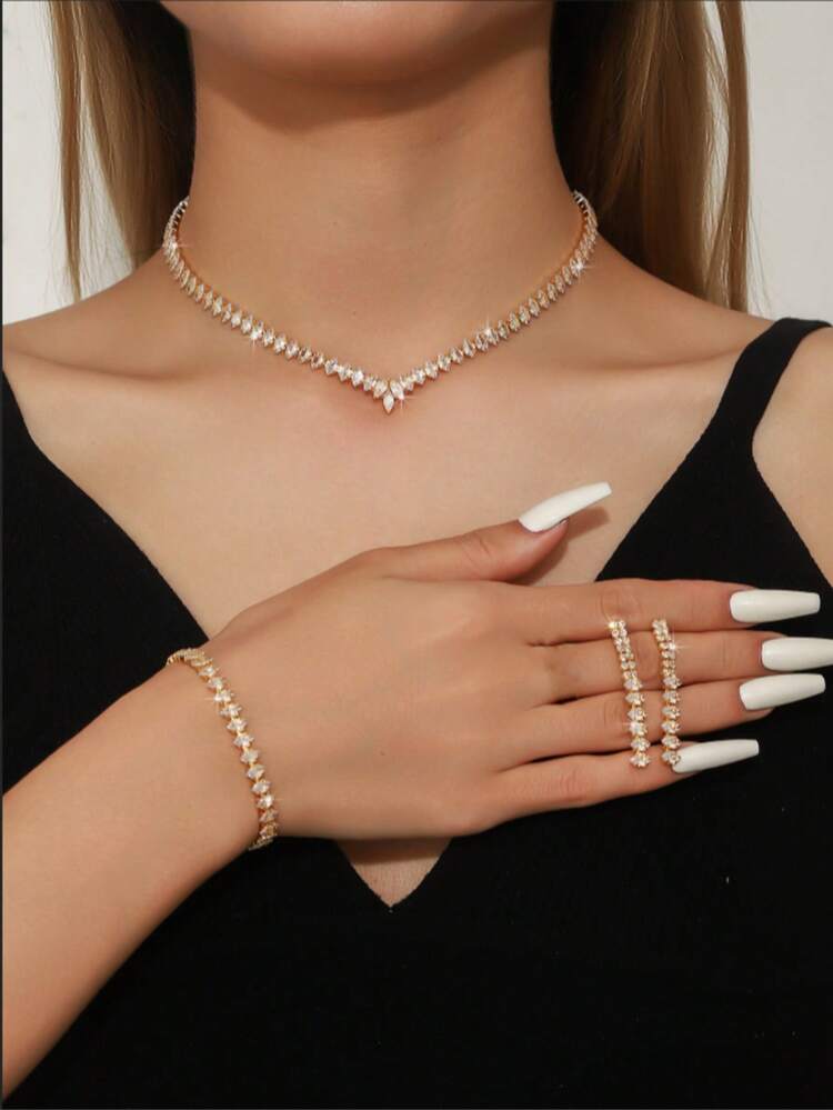 Luxury Sparkling Full Diamond Mosaic Geometric Minimalist Bridal Jewelry Set Valentine's Day Accessories - Gold - View 5