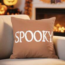 1pc Halloween Theme Single-Sided Printed Throw Pillow Cover - Peach Velvet Cushion Cover 45*45cm