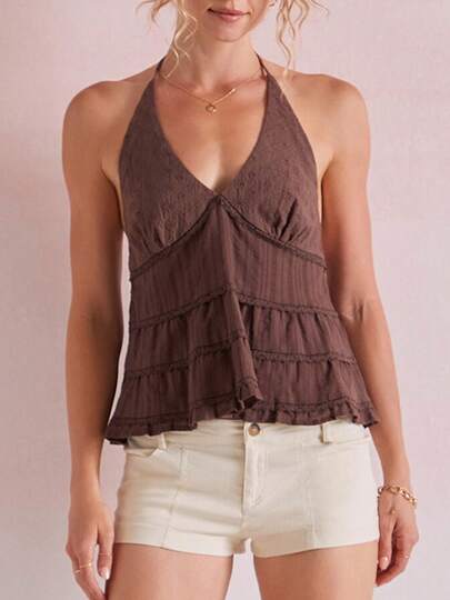 Women Y2k Tank Top Halter Neck Backless Ruffle Tiered Crop Top Flowy Peplum Babydoll Tops Streetwear