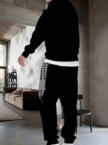 2 件男士休闲套装，条纹印花圆领运动衫和运动裤，100% 涤纶针织面料，略有弹性，常规版型，全身印花设计，适合秋季春季休闲穿着，秋季服装 - 彩色 - 查看 2