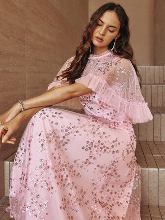 Simplee فستان سهرة أنيق للنساء جديد مزين بالترتر والكشكشة في الياقة، فستان سهرة طويل، فستان حفلة، فستان عيد ميلاد، فستان لضيوف الزفاف، مناسب للكريسماس والعام الجديد