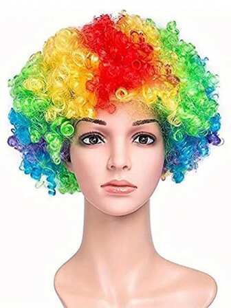 1pc Vibrant Rainbow Clown Afro Wig - Hilarious Curly Polyester Hair For 70s/80s Disco Theme, & Party Pranks, Red-Based