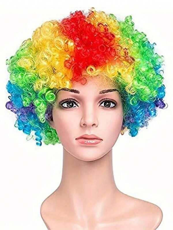 1pc Vibrant Rainbow Clown Afro Wig - Hilarious Curly Polyester Hair For 70s/80s Disco Theme, & Party Pranks, Red-Based
