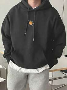 男士户外探险元素印花抽绳连帽卫衣，返校季，秋冬季，长袖上衣 - 深灰色 - 查看 6