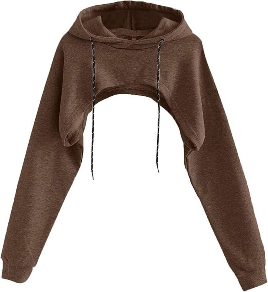 Women Crop Top Pullover Sweatshirt Long Sleeve Drawstring Hoodie - 棕色 - 查看 1