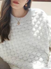Knit Mix Elegant Women's Autumn/Winter French Fashion Commute Knit Solid Color Round Neck Long Sleeve Hollow Out Regular Loose Pullover Sweater - White - View 8
