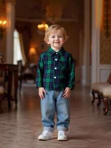 男婴时尚户外运动休闲格子长袖衬衫，可爱蓝绿色，春/秋