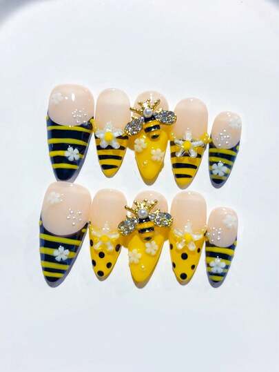 10片手工可爱短杏仁形黄色蜜蜂法式美甲贴纸，优雅法式尖头，雏菊图案，黄黑配色，美甲用品，亚克力美甲贴纸，DIY美甲，美甲艺术，亚克力假指甲；适合度假、生日、派对、日常佩戴；包含1张美甲贴纸和1个迷你指甲锉