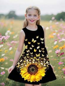 Girls' Casual Elegant 3D Sunflower & Butterfly Print Sleeveless Cute Dress, Suitable For Everyday, Vacation, Party, Graduation, Back To School, Christmas