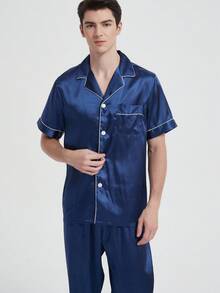 Plus Size Men's Summer Pajama Set - Casual V-Neck Short Sleeve Button-Up Top And Pants, Breathable Polyester, Machine Washable, Large