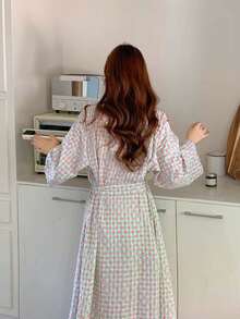 1Pc Women's New Style Kimono Robe, Korean Minimalist Comfy Sleepwear, Bow Decor Loose Casual Bathrobe Back To School