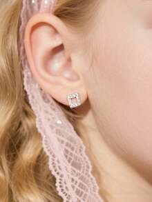 Artepollo 1 pieza Pendientes de botón cuadrados de plata de ley 925 con circonita, elegantes y sofisticados, diseño de cierre de rosca, caja de regalo, adecuados para uso diario o días festivos, regalo para niñas, amigas