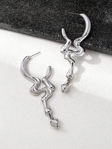 1 Pair Unique Silver-Tone Wavy Line Design Stainless Steel Alloy Earrings, Fashionable & Versatile For Daily Wear