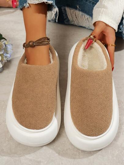 Teen Anti-Slip Soft-Soled Plush-Lined Round Toe Low-Top Slippers, Vintage Fashion Indoor Daily House Shoes For Teenagers, Warm Thermal Lining For Winter