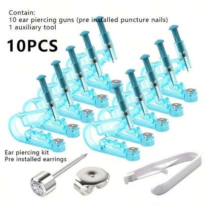 Kit de piercing de orelha descartável com 10 peças, brincos de diamante branco de 4 mm e 1 ferramenta auxiliar de piercing