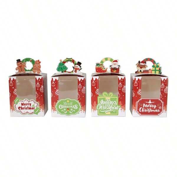6 pezzi Scatole trasparenti per torte con manici, scatole per confezioni di cupcake, scatole regalo di Natale, scatole regalo di carta monouso per dessert, cioccolatini e dolci (stili assortiti) Decorazioni natalizie Pigiami natalizi Regali di Natale Decorazioni natalizie