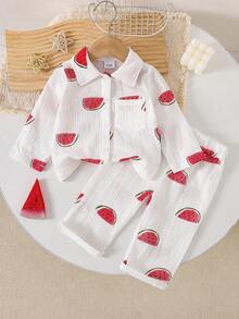 2pcs Baby Girls Comfortable Cute Watermelon Print Long Sleeve Shirt And Printed Pants Set - Multicolor - View 2